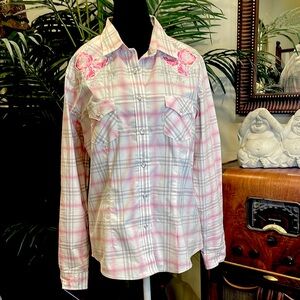 PANHANDLE M pink pastels plaid long sleeve pocket embellished pearl snaps shirt